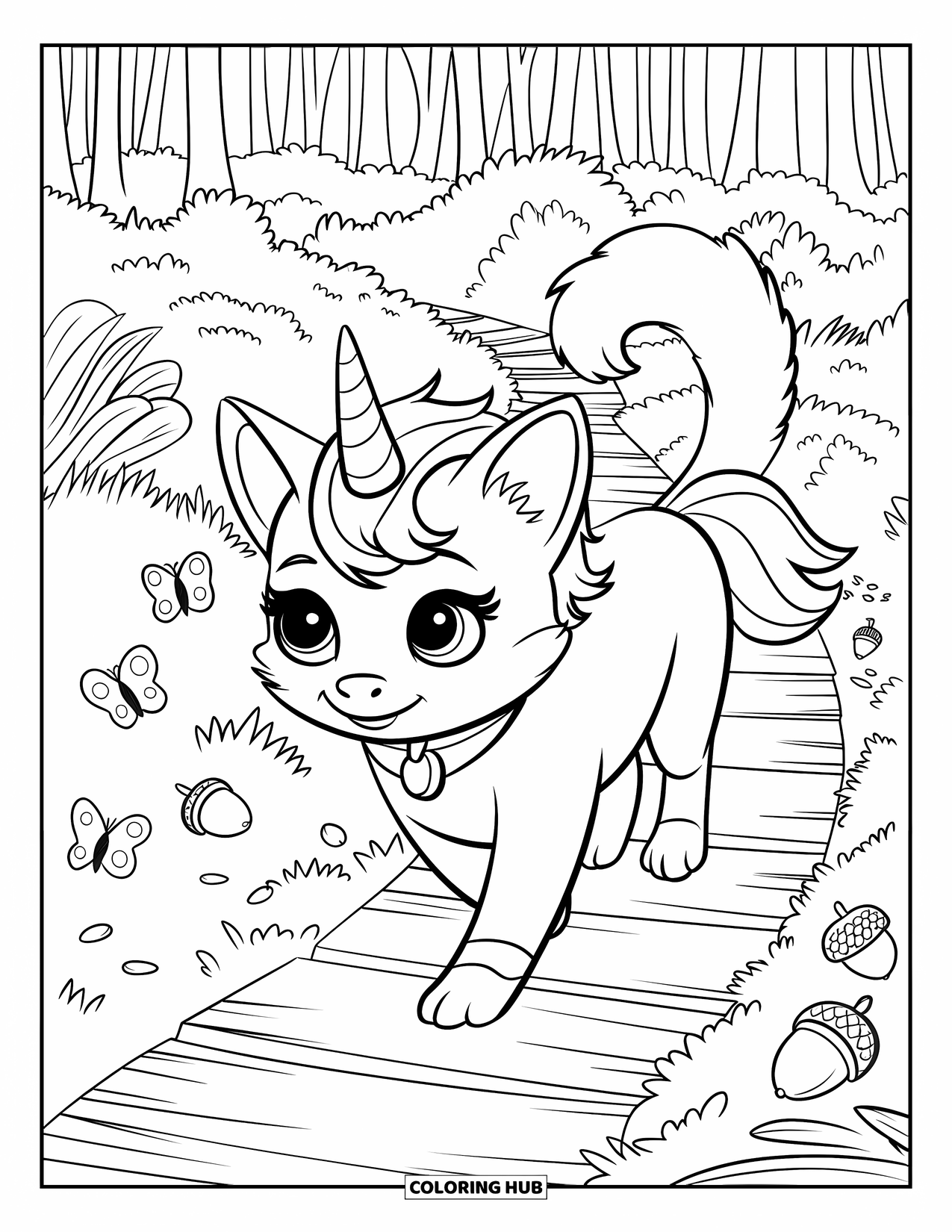 Unicorn Cat Coloring Page for Kids: Unicorn cat walks a wooden trail surrounded by trees, butterflies, and scattered acorns