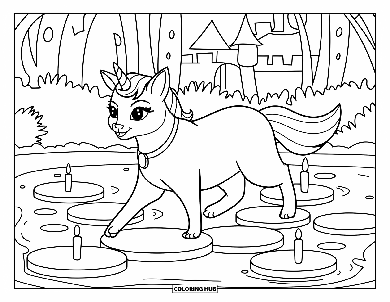 Unicorn Cat Coloring Page for Kids: Unicorn cat walks on stepping stones across a glowing pond near a castle