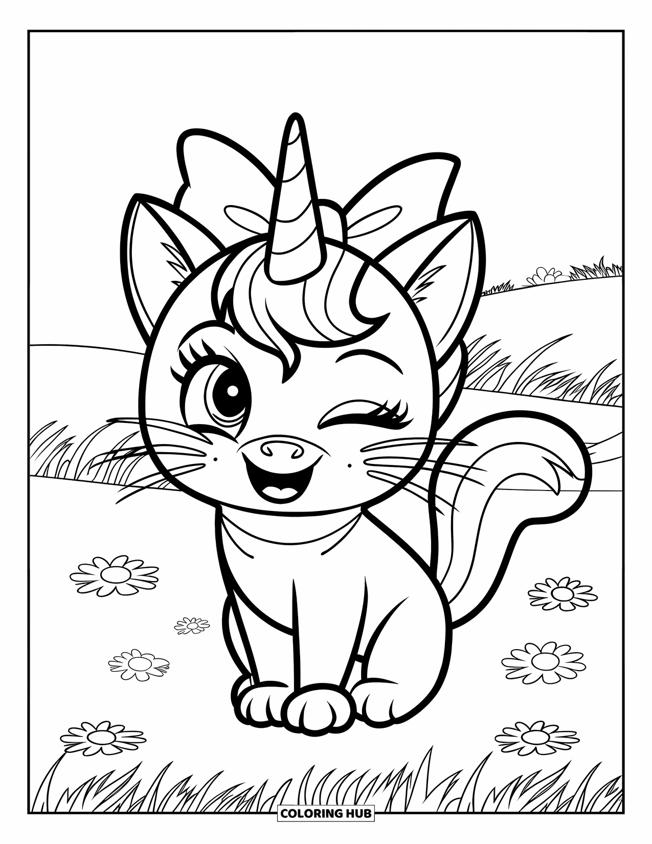 Unicorn Cat Coloring Page for Kids: Unicorn cat winks on a grassy field with a bow and cute flowers nearby