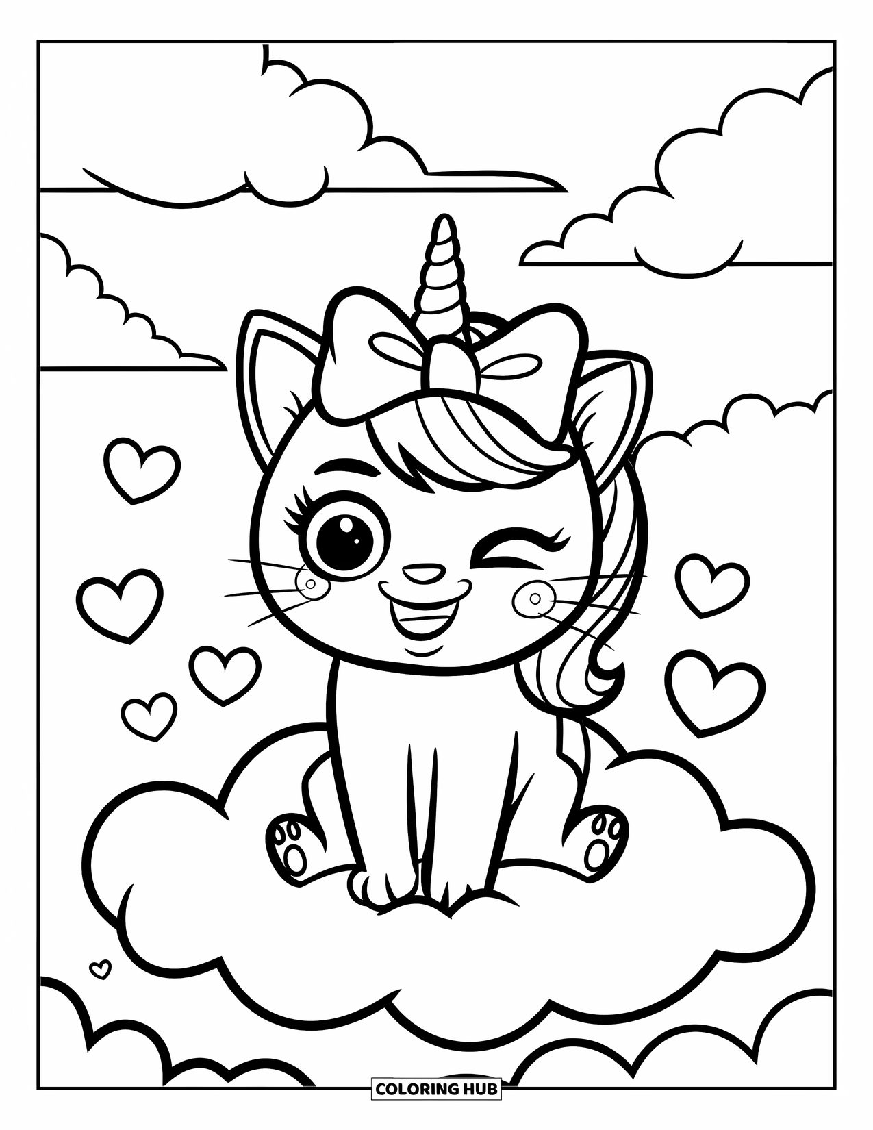 Unicorn Cat Coloring Page for Kids: Unicorn cat winks playfully with a bow, surrounded by floating hearts