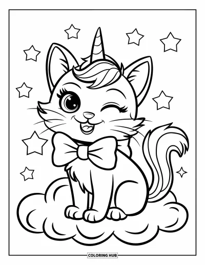 Coloriage de chats licornes pour enfants : Un chats licornes à la queue touffue et au nœud fait un clin d'œil en se reposant sur un nuage