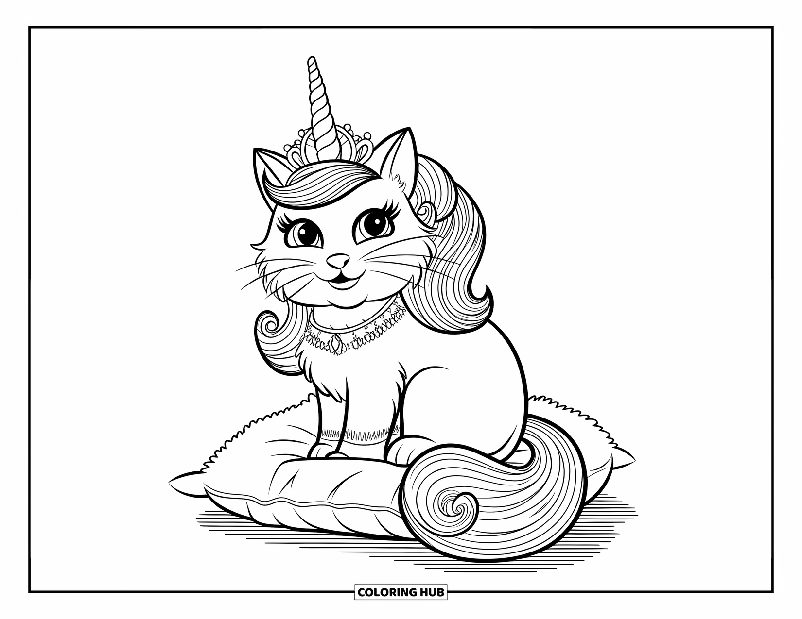 Unicorn Cat Coloring Page for Kids: Unicorn cat with a jeweled crown sits peacefully on a fluffy pillow