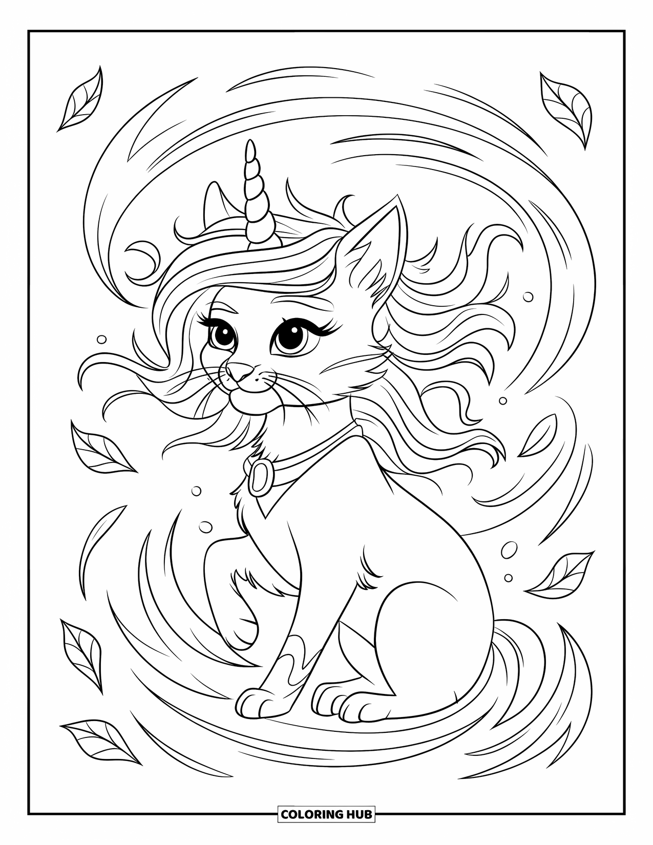 Unicorn Cat Coloring Page for Kids: Unicorn cat with magical collar stands in wind swirls with floating leaves