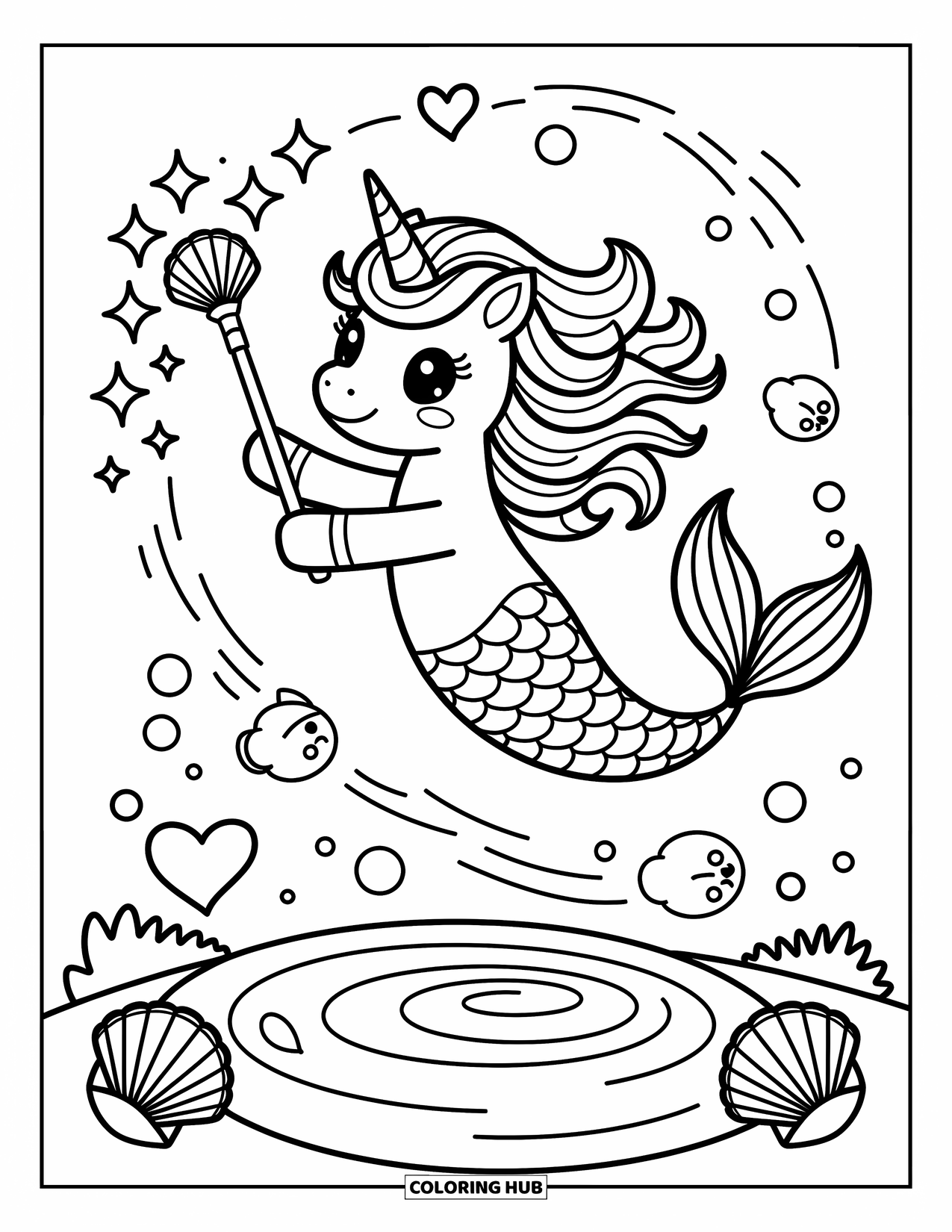 Unicorn Mermaid Coloring Page for Adults: Unicorn mermaid casts playful magic with a seashell wand in a bubbly ocean swirl