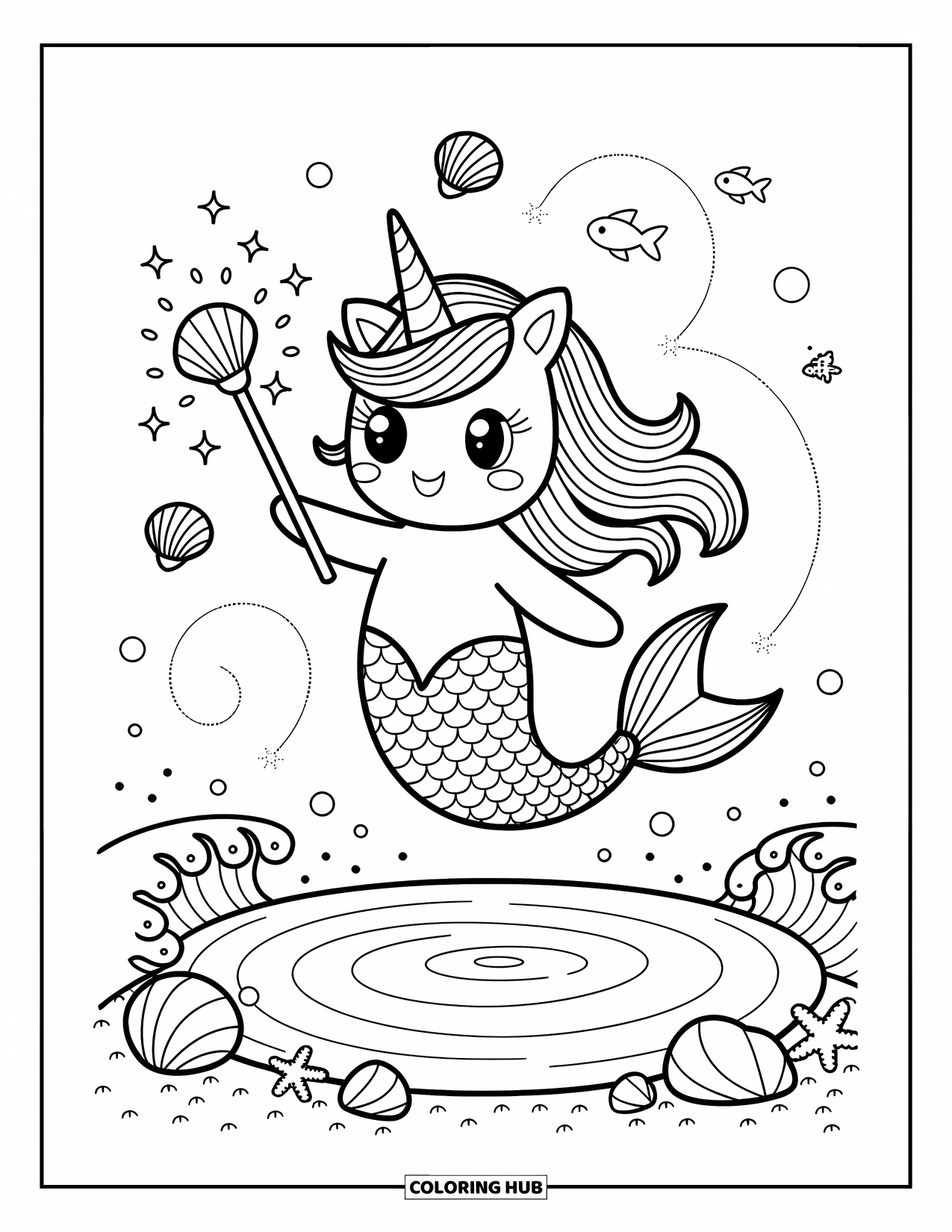 Unicorn Mermaid Coloring Page for Adults: Unicorn mermaid casts sparkles with a seashell wand above a magical tide pool