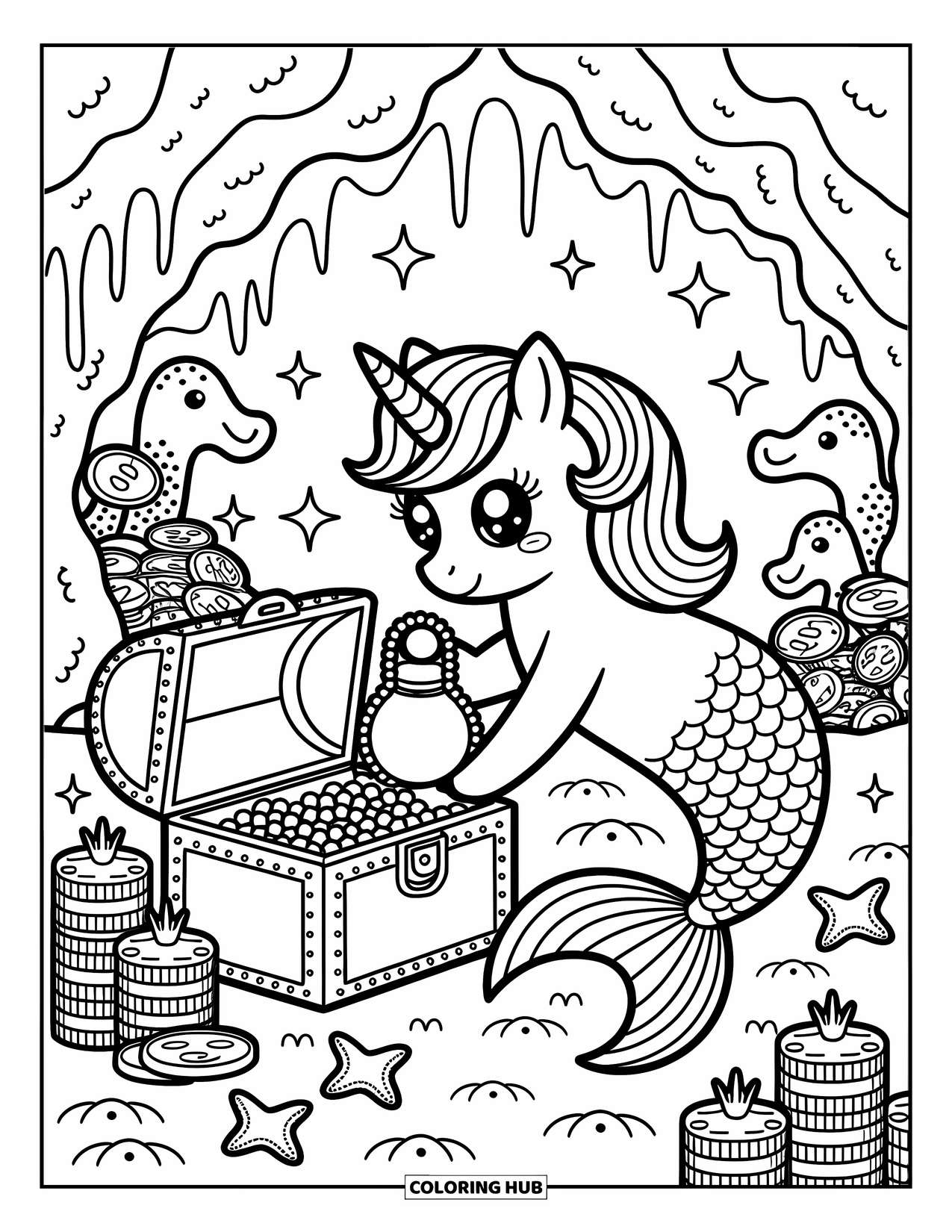 Unicorn Mermaid Coloring Page for Adults: Unicorn mermaid explores a treasure cave with a pearl lantern and friendly eels