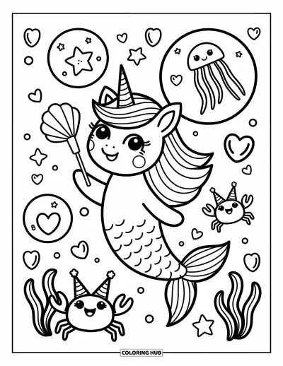 Coloriage de licorne sirène pour adultes : Une licorne sirène flotte parmi des cœurs pétillants, des étoiles et des méduses avec une baguette en coquillage