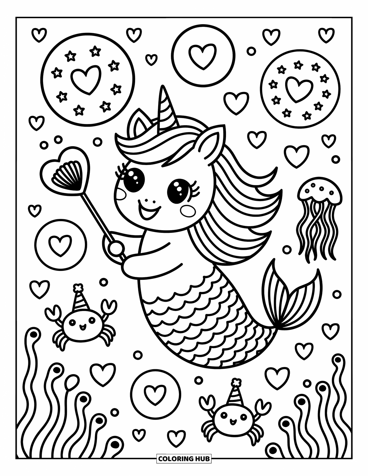 Unicorn Mermaid Coloring Page for Adults: Unicorn mermaid floats joyfully in star-filled bubbles and happy party crabs