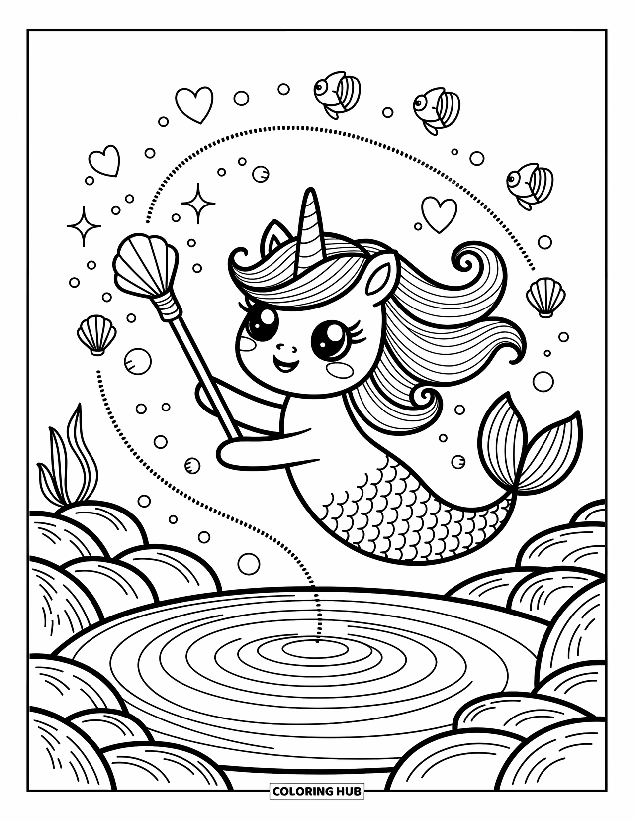 Unicorn Mermaid Coloring Page for Adults: Unicorn mermaid floats over a swirly tide pool casting magic and bubbles