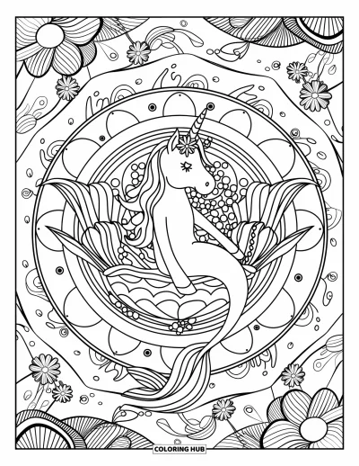 Coloriage de licorne sirène pour adultes : Une licorne sirène tenant une fleur est assise dans un mandala avec des vagues, des bulles et des étoiles