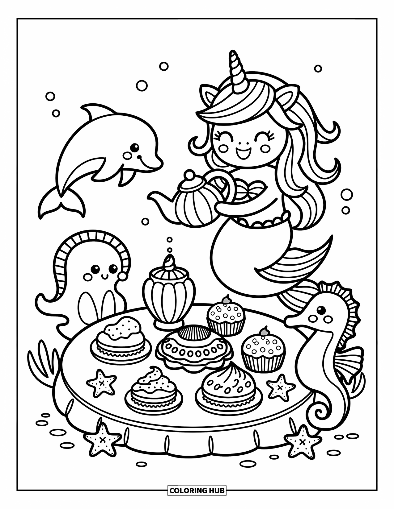 Unicorn Mermaid Coloring Page for Adults: Unicorn mermaid hosts a tea party with dolphin, starfish, and seahorse guests