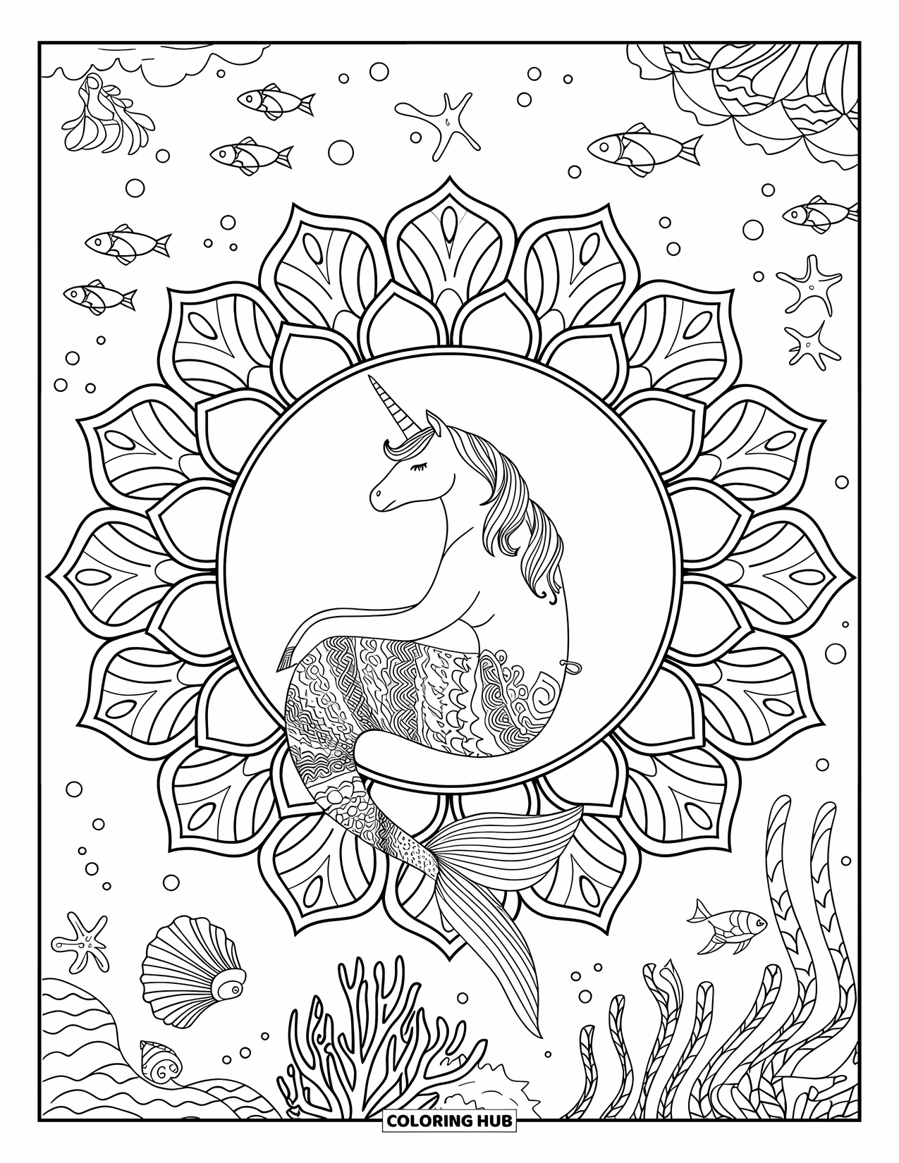 Unicorn Mermaid Coloring Page for Adults: Unicorn mermaid in a flower crown rests inside a sea mandala with fish and shells