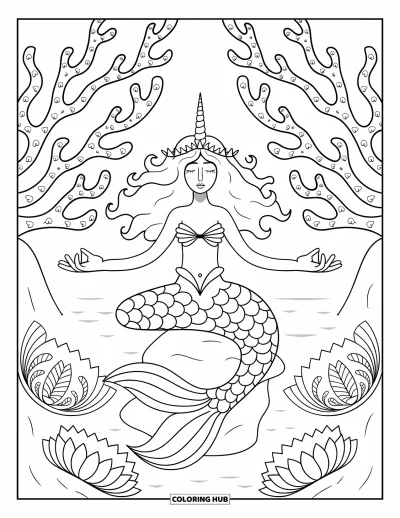 Coloriage de licorne sirène pour adultes : Une licorne sirène en posture méditative est assise parmi des motifs de coraux et de mandala au lotus