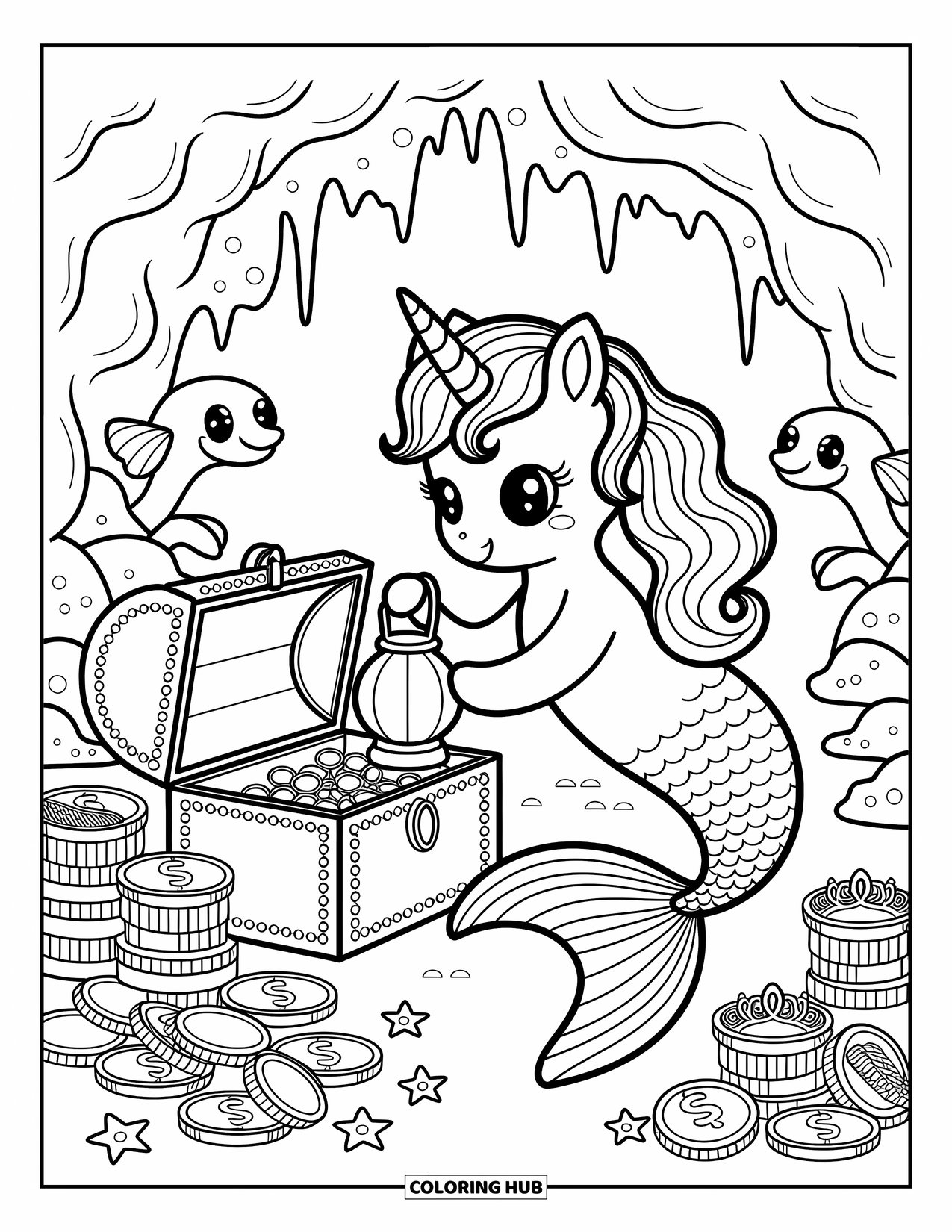Unicorn Mermaid Coloring Page for Adults: Unicorn mermaid lights up a treasure chest while eels peek out playfully