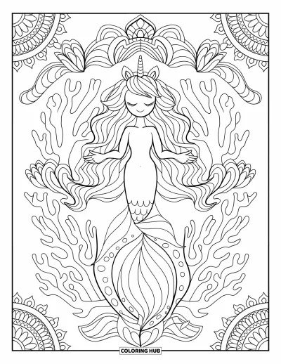 Coloriage de licorne sirène pour adultes : Une licorne sirène médite sous des mandalas de lotus encadrés de branches de corail