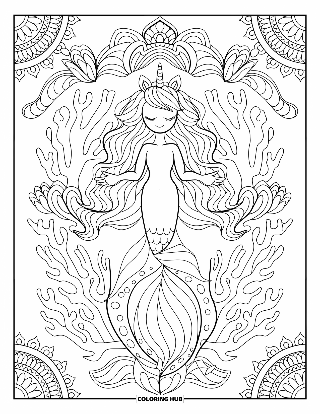 Unicorn Mermaid Coloring Page for Adults: Unicorn mermaid meditates beneath lotus mandalas framed by coral branches
