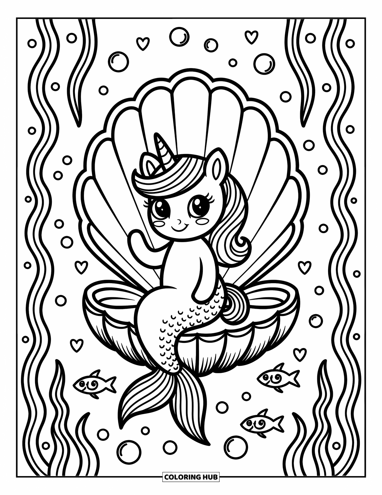 Unicorn Mermaid Coloring Page for Adults: Unicorn mermaid on a clam throne greets fish with a smile and gentle wave
