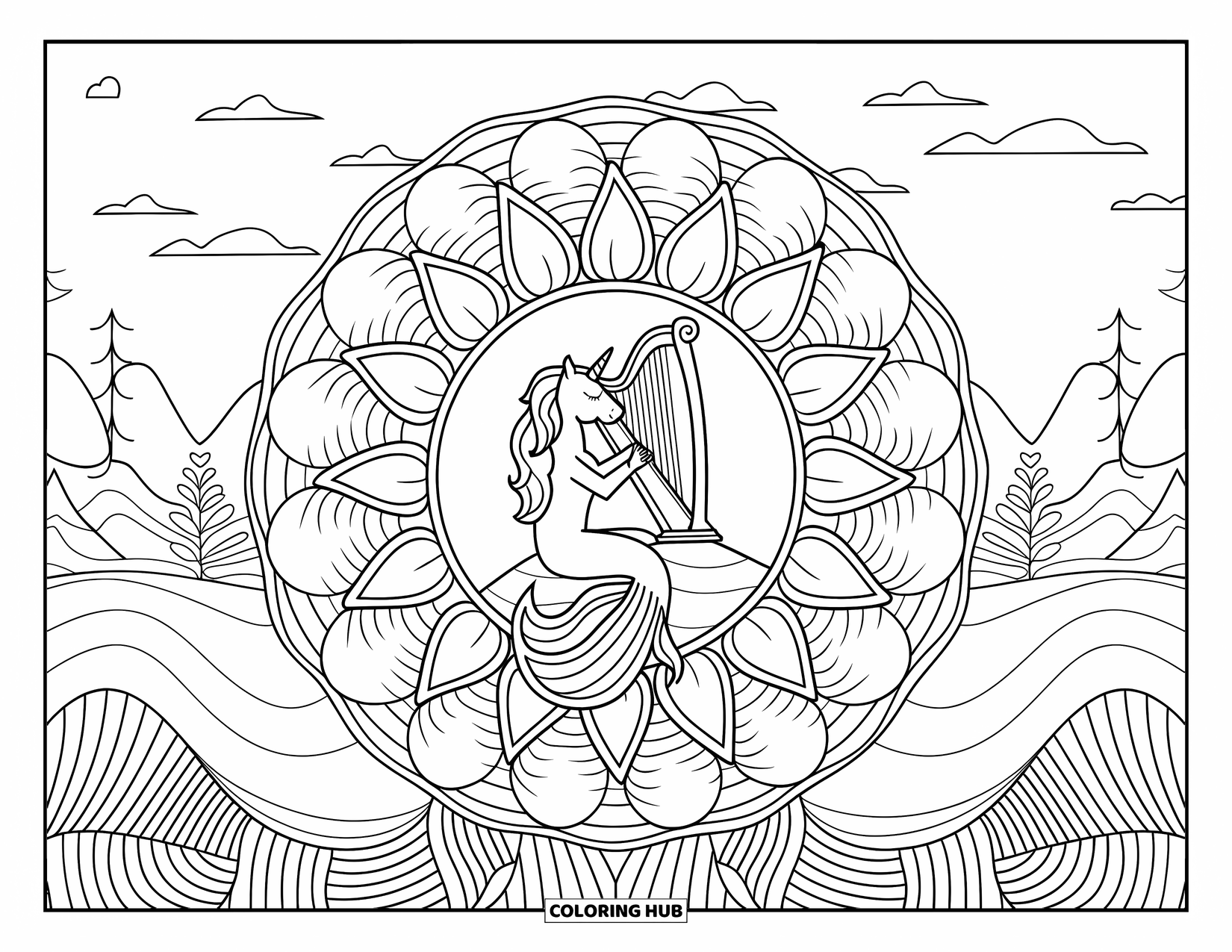Unicorn Mermaid Coloring Page for Adults: Unicorn mermaid plays harp on a rock surrounded by mandala waves and peaceful scenery