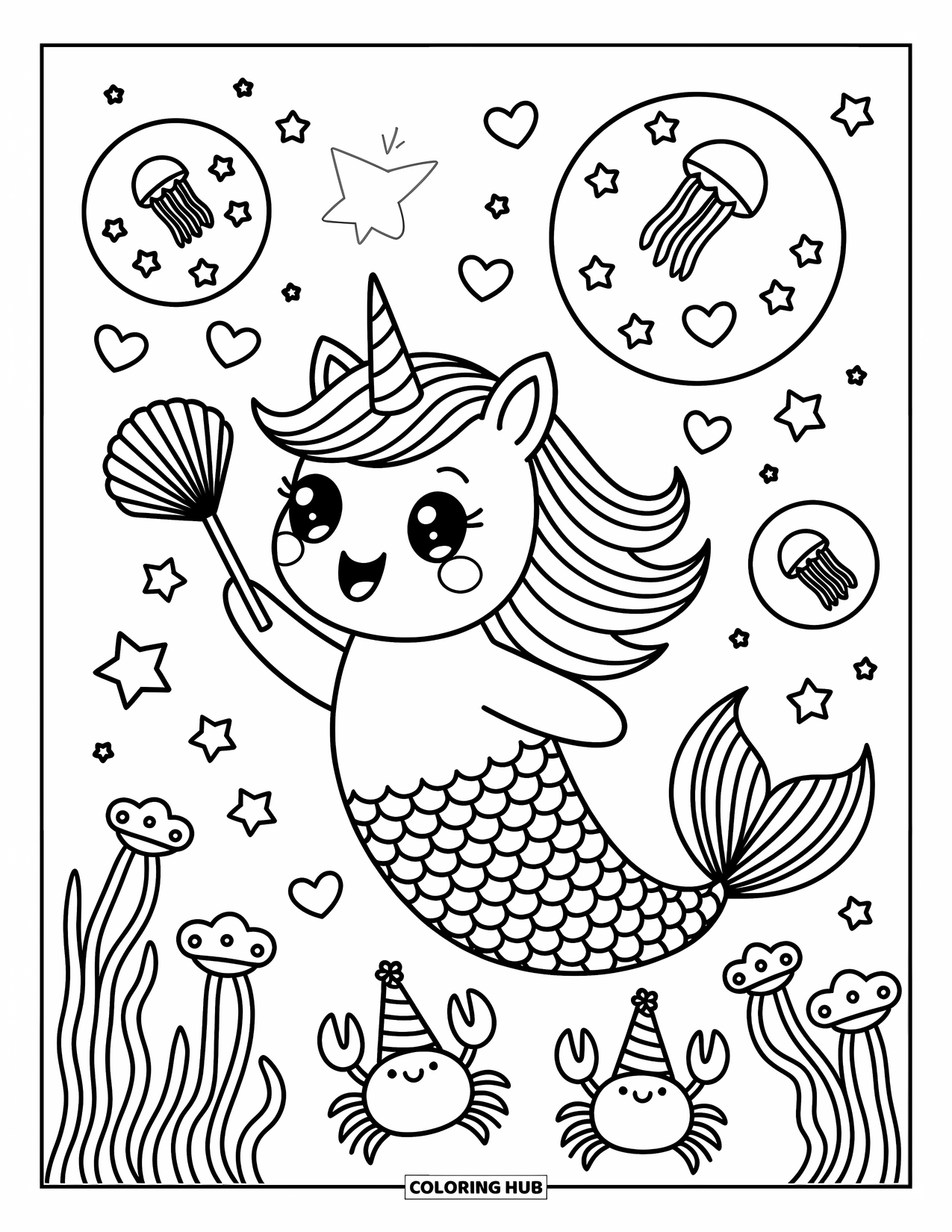 Unicorn Mermaid Coloring Page for Adults: Unicorn mermaid plays with bubbles surrounded by jellyfish and cheerful sea creatures