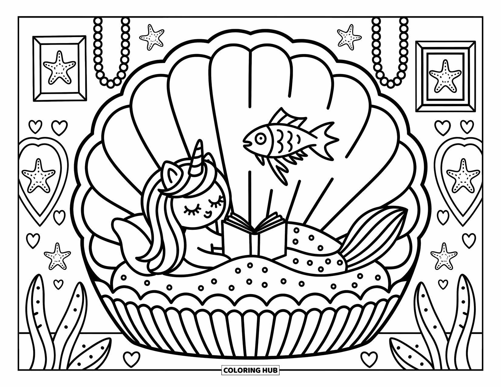 Unicorn Mermaid Coloring Page for Adults: Unicorn mermaid reads a book in bed surrounded by starfish and pearl decorations