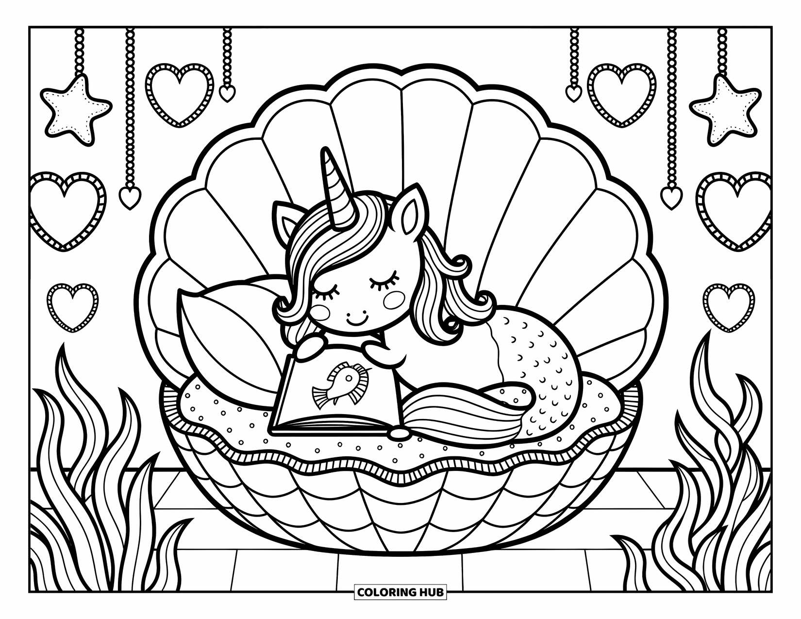 Unicorn Mermaid Coloring Page for Adults: Unicorn mermaid reads by anglerfish light in a dreamy shell-shaped bedroom