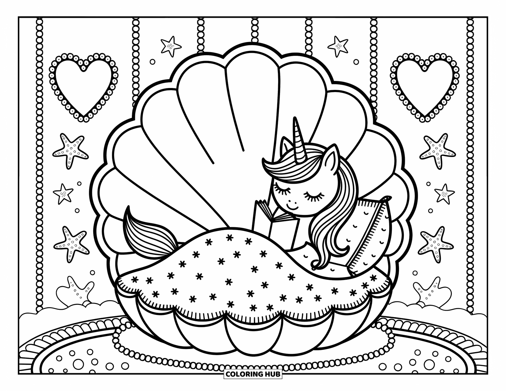 Unicorn Mermaid Coloring Page for Adults: Unicorn mermaid reads in bed with a glowing anglerfish lamp in a cozy shell room