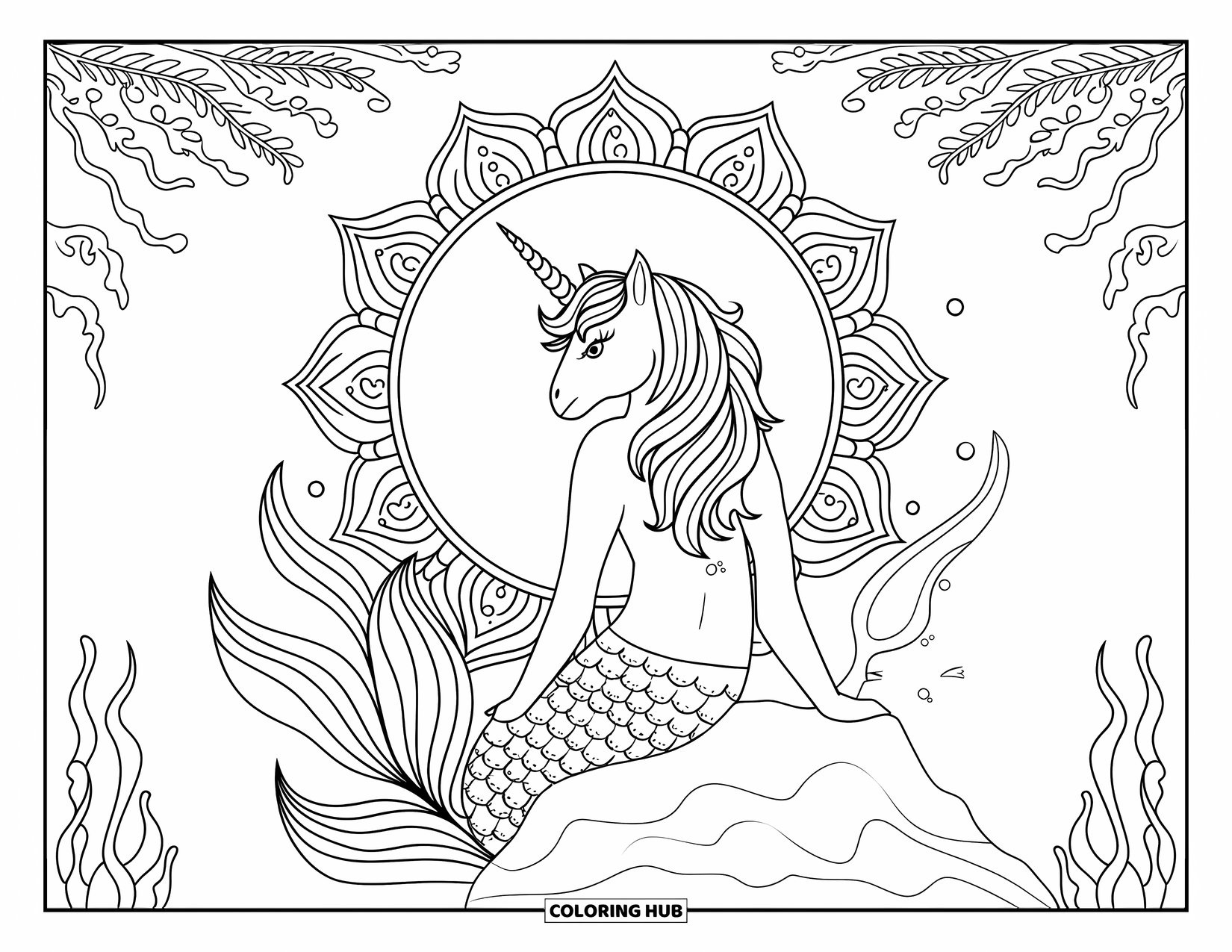 Unicorn Mermaid Coloring Page for Adults: Unicorn mermaid rests on a rock within a moon mandala filled with ocean textures