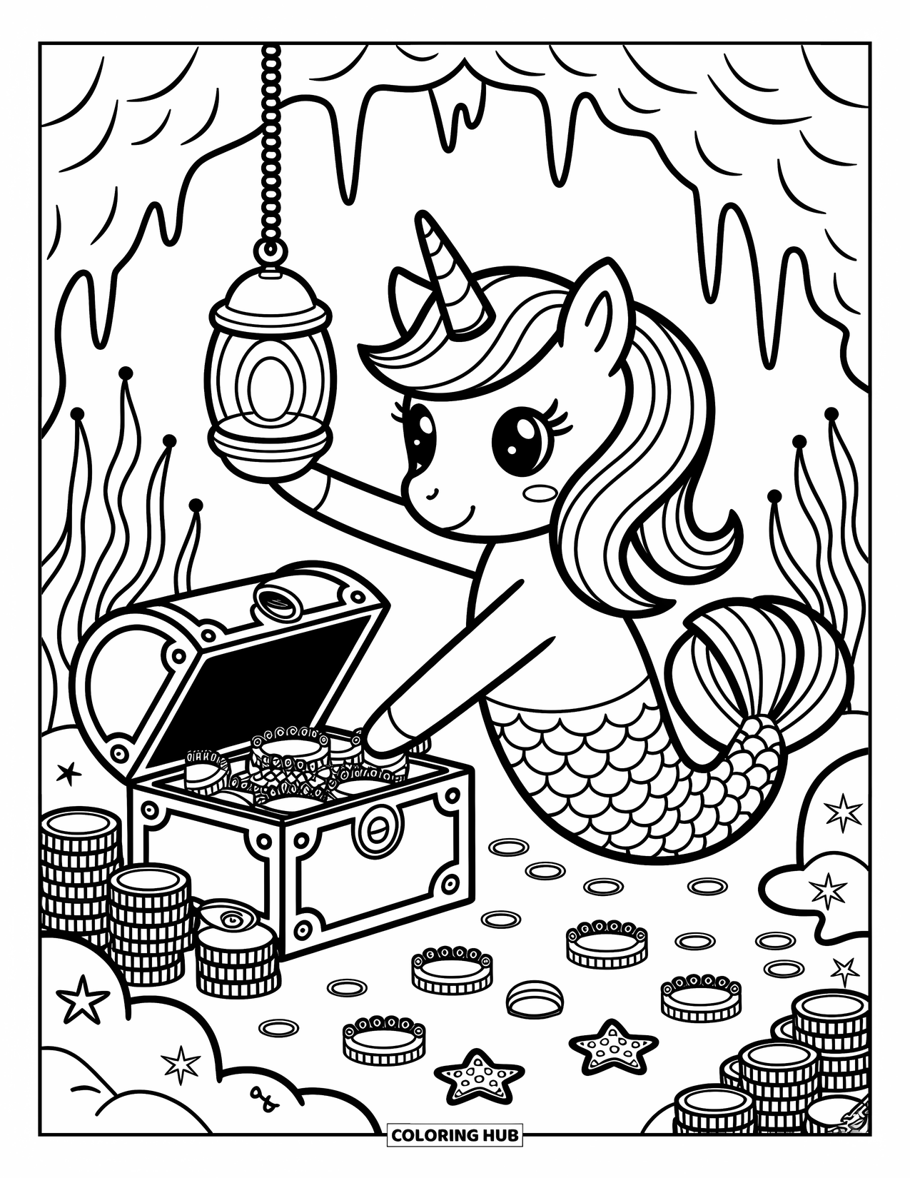 Unicorn Mermaid Coloring Page for Adults: Unicorn mermaid searches a glowing treasure chest surrounded by coins and smiling eels