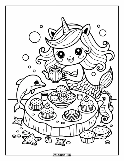 Coloriage de licorne sirène pour adultes : Une licorne sirène sert des friandises marines lors d'une fête du thé avec ses joyeux amis de l'océan