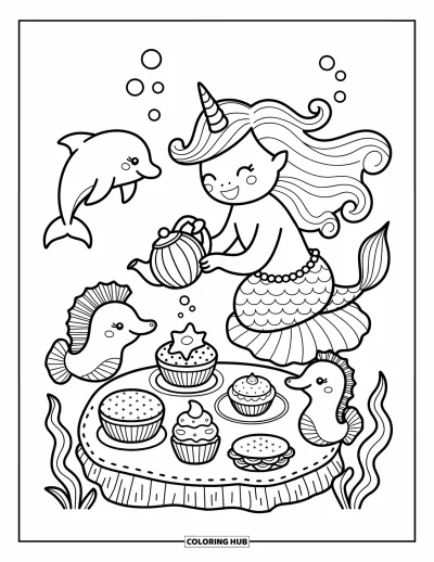 Coloriage de licorne sirène pour adultes : Une licorne sirène partage le thé avec de folâtres créatures marines sur un coussin de corail