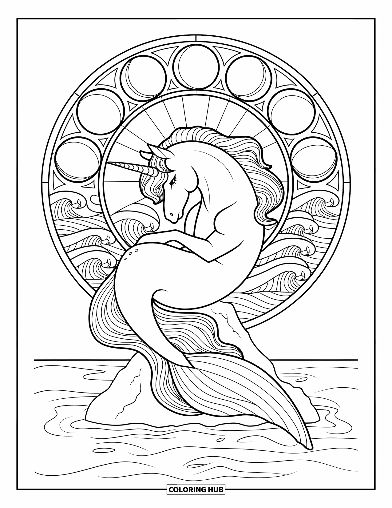 Unicorn Mermaid Coloring Page for Adults: Unicorn mermaid sits curled inside a stained glass circle with sea waves and moon phases