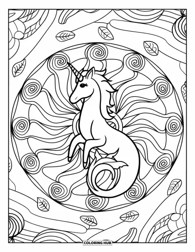 Coloriage de licorne sirène pour adultes : Une licorne sirène assise dans un mandala détaillé rempli de spirales et d'algues