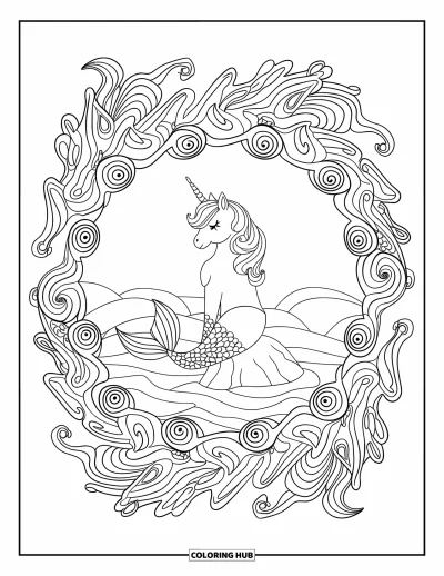 Coloriage de licorne sirène pour adultes : Une licorne sirène assise sur un rocher à l'intérieur d'un mandala d'algues et de motifs en spirale