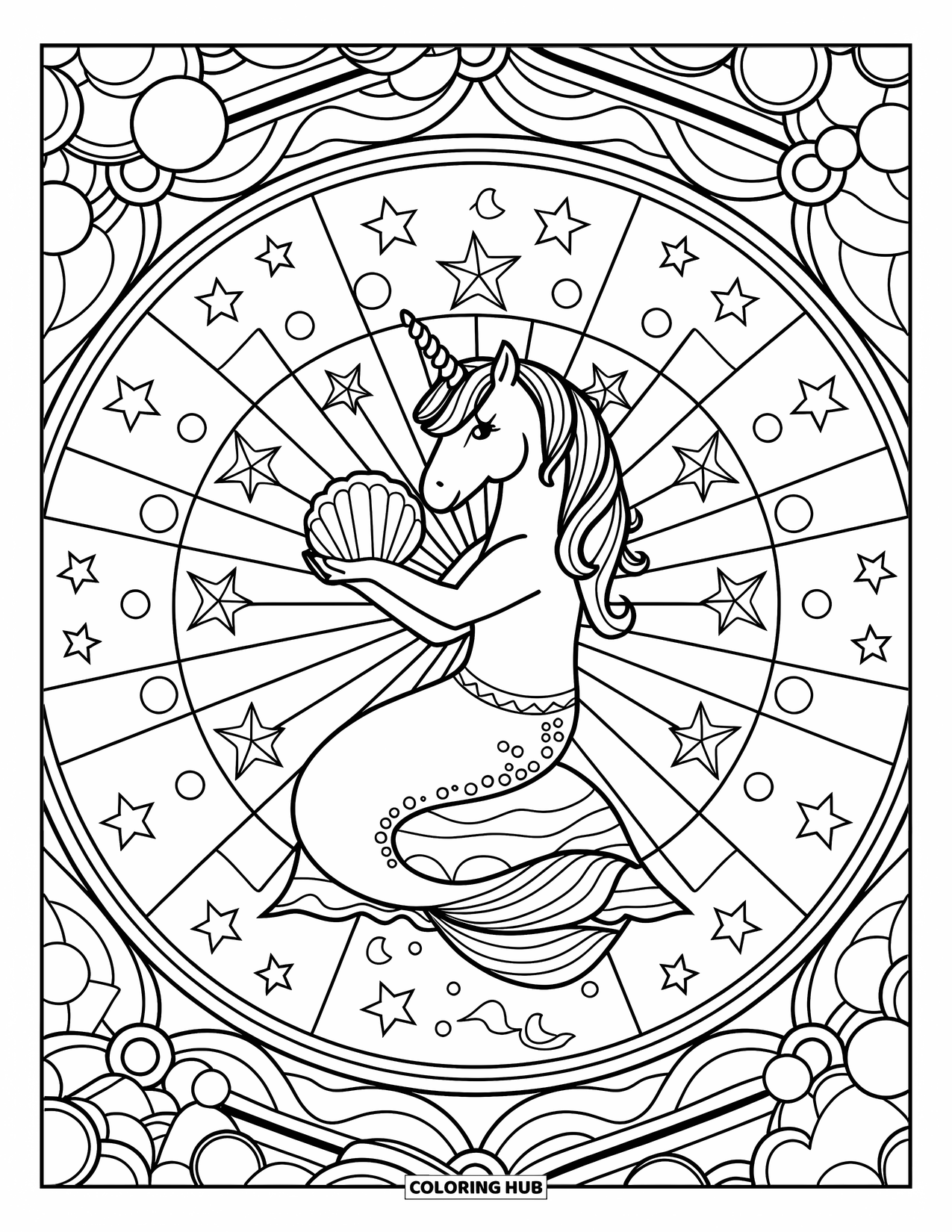Unicorn Mermaid Coloring Page for Adults: Unicorn mermaid sits with a seashell in a starry, bubble-filled stained glass pattern