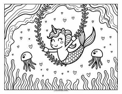 Coloriage de licorne sirène pour adultes : Une licorne sirène se balance sur des lianes de corail tandis que des cœurs et des méduses dansent dans l'eau