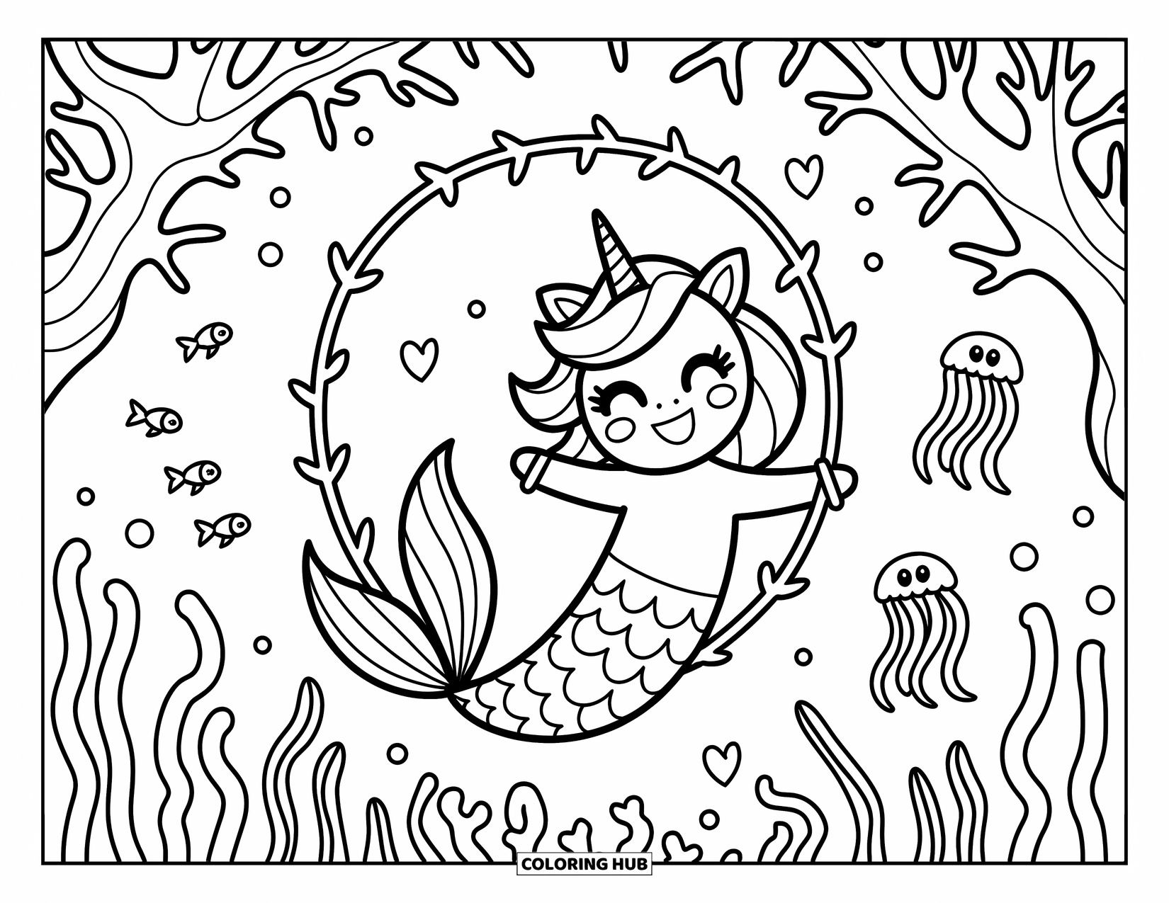 Unicorn Mermaid Coloring Page for Adults: Unicorn mermaid swings from seaweed vines while jellyfish and fish float nearby