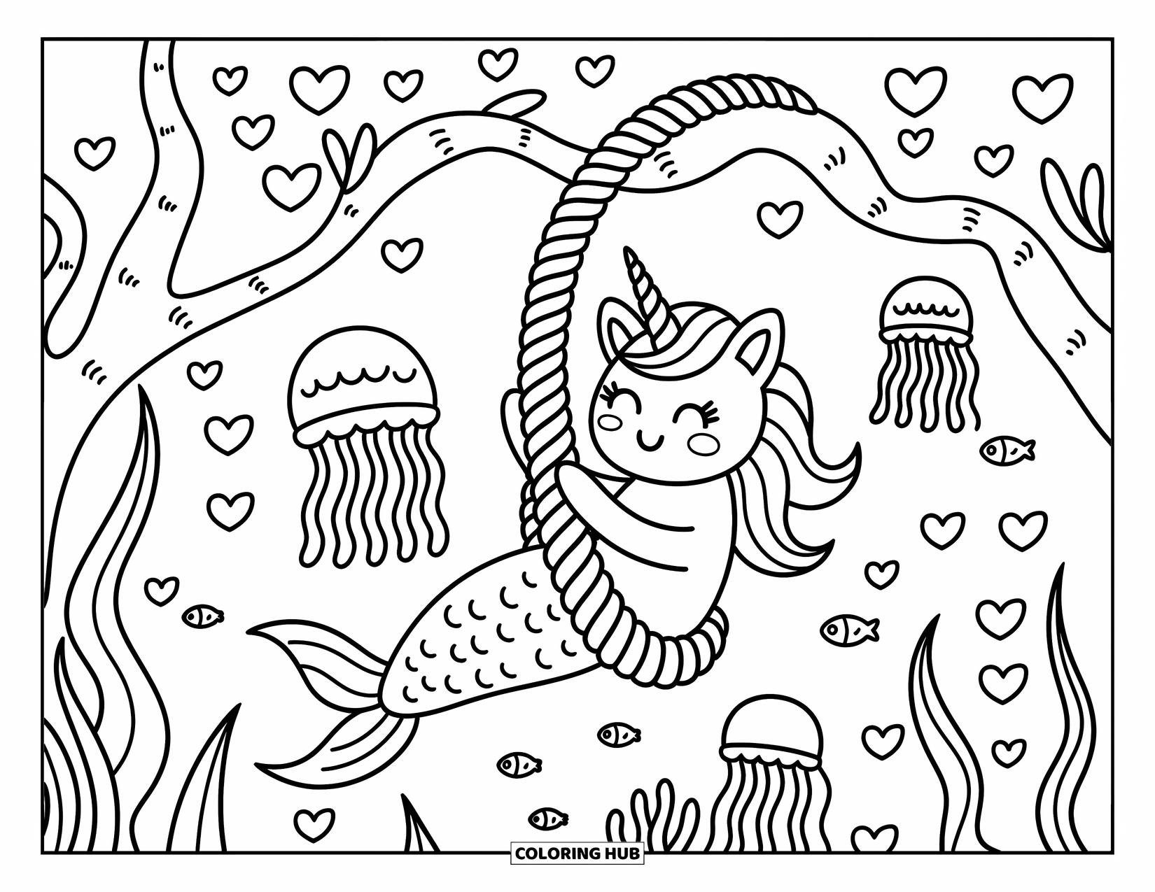 Unicorn Mermaid Coloring Page for Adults: Unicorn mermaid swings joyfully from coral vines as fish and hearts swirl around