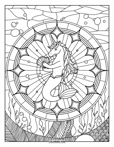 Coloriage de licorne sirène pour adultes : Une licorne sirène avec un coquillage dans un mandala d'étoiles, de bulles et de plantes coralliennes