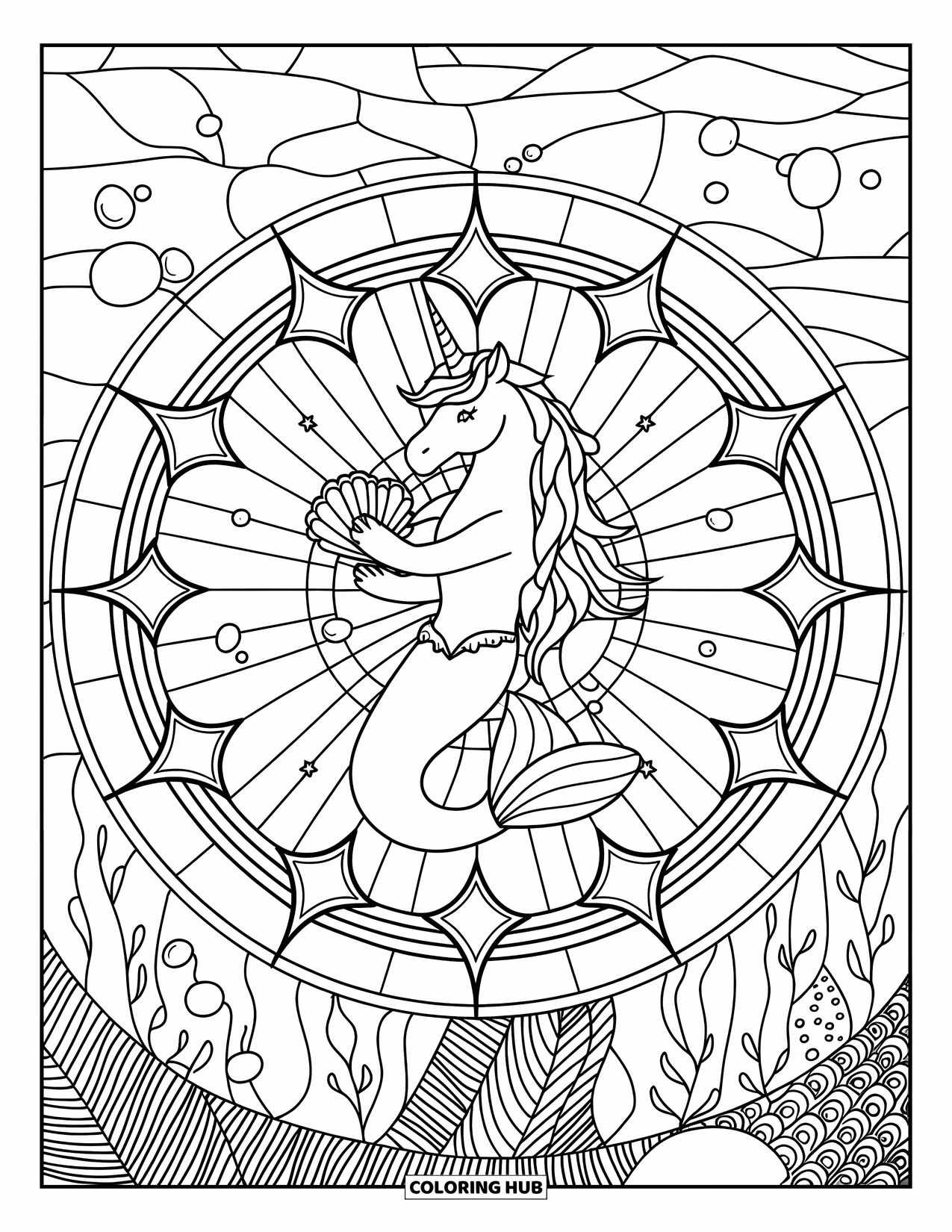 Unicorn Mermaid Coloring Page for Adults: Unicorn mermaid with seashell sits inside a mandala of stars, bubbles, and coral plants