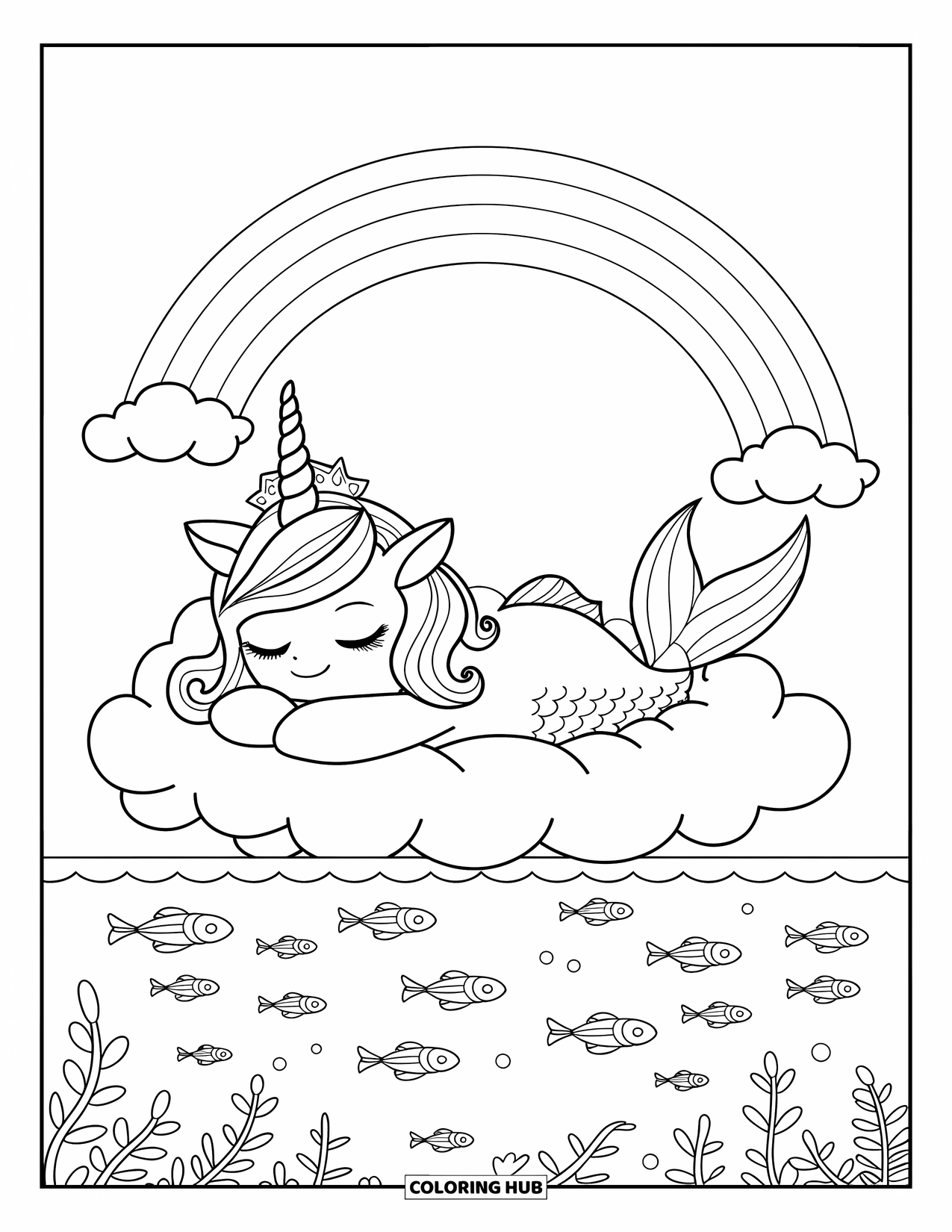 Unicorn Mermaid Coloring Page for Kids: Sleepy unicorn mermaid relaxes on a cloud with fish below and a rainbow above