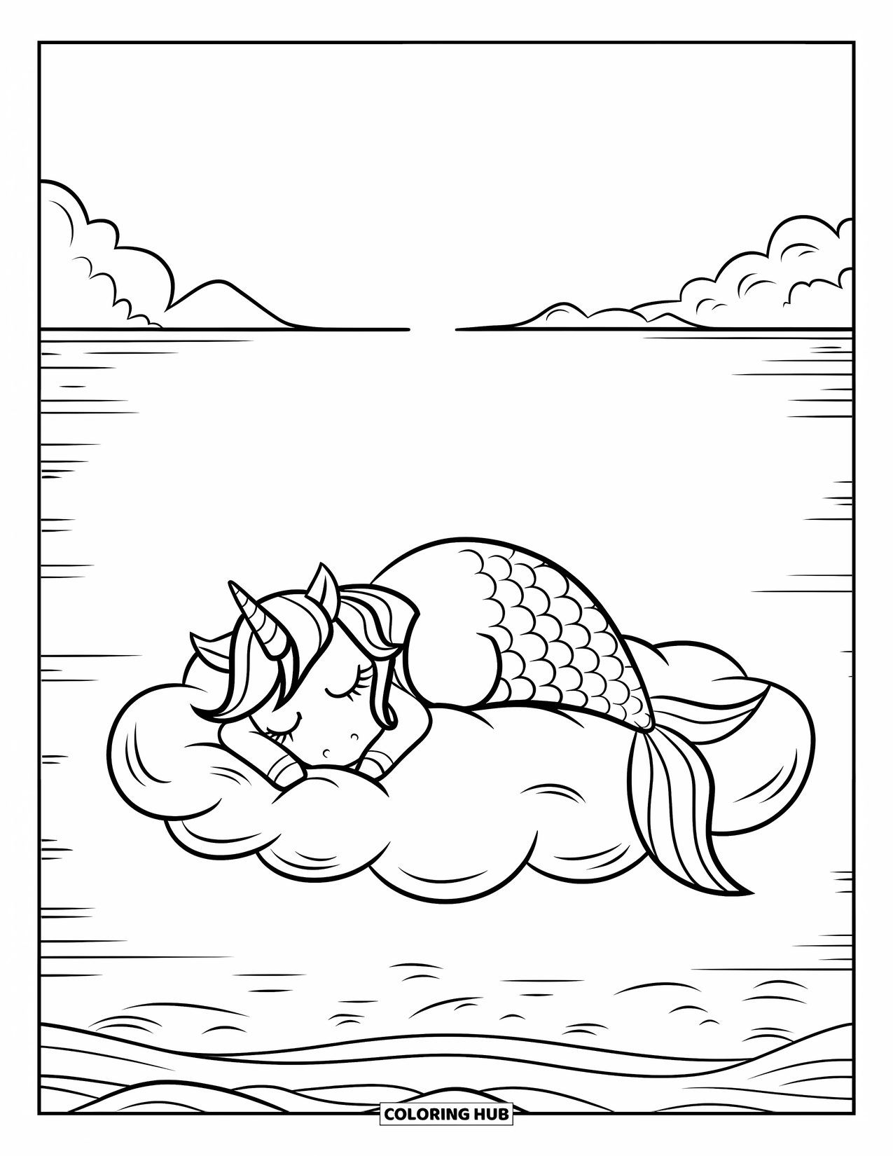 Unicorn Mermaid Coloring Page for Kids: Sleepy unicorn mermaid rests on a fluffy cloud floating above the ocean