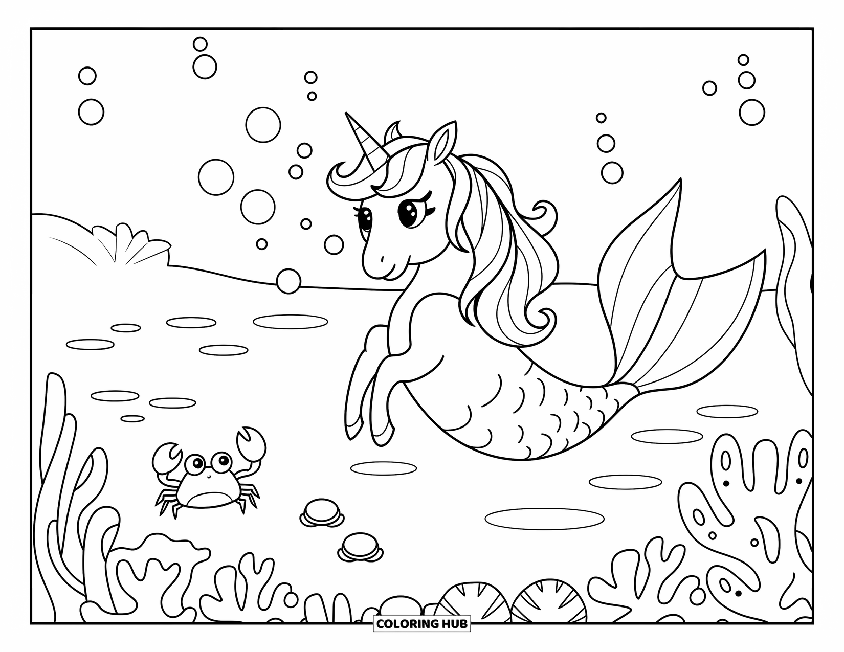 Unicorn Mermaid Coloring Page for Kids: Unicorn mermaid blows bubbles with a tiny crab nearby in the sea
