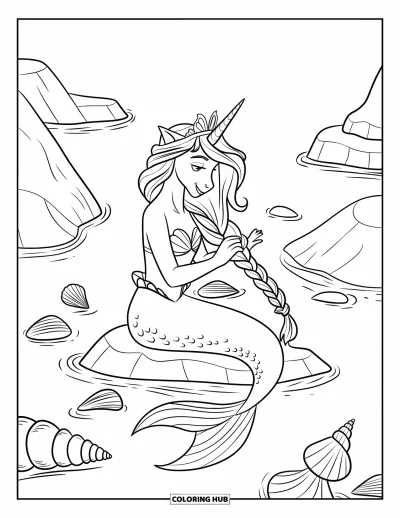 Coloriage de licorne sirène pour enfants : Une licorne sirène tresse ses cheveux entourée de coquillages sur un rocher