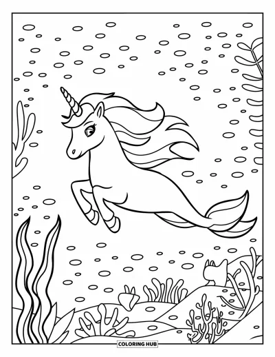 Coloriage de licorne sirène pour enfants : Une licorne sirène explore un jardin sous-marin avec des algues et des créatures marines