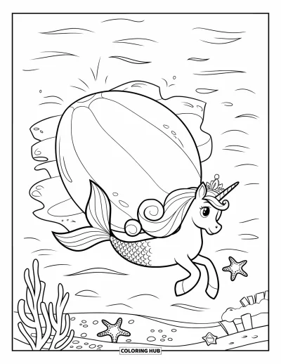 Coloriage de licorne sirène pour enfants : Une licorne sirène flotte paisiblement près d'une grande perle et d'une étoile de mer