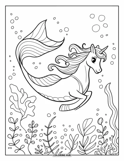 Coloriage de licorne sirène pour enfants : Une licorne sirène glisse parmi les algues dans un jardin de coraux et de fleurs