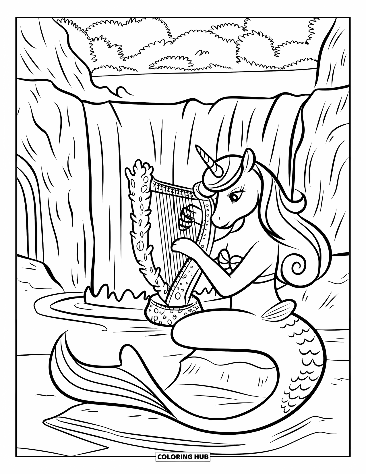 Unicorn Mermaid Coloring Page for Kids: Unicorn mermaid plays a harp beside a cave surrounded by a green forest