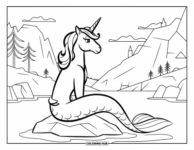 Coloriage de licorne sirène pour enfants : Une licorne sirène assise sur un rocher contemple le ciel avec des montagnes et un château au loin