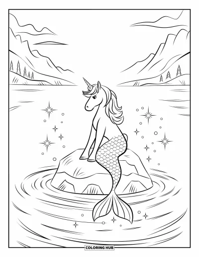 Coloriage de licorne sirène pour enfants : Une licorne sirène assise sur un rocher avec des eaux scintillantes qui tourbillonnent tout autour