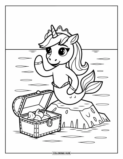 Coloriage de licorne sirène pour enfants : Une licorne sirène debout sur un rocher fait signe près d'un petit coffre au trésor dans la mer